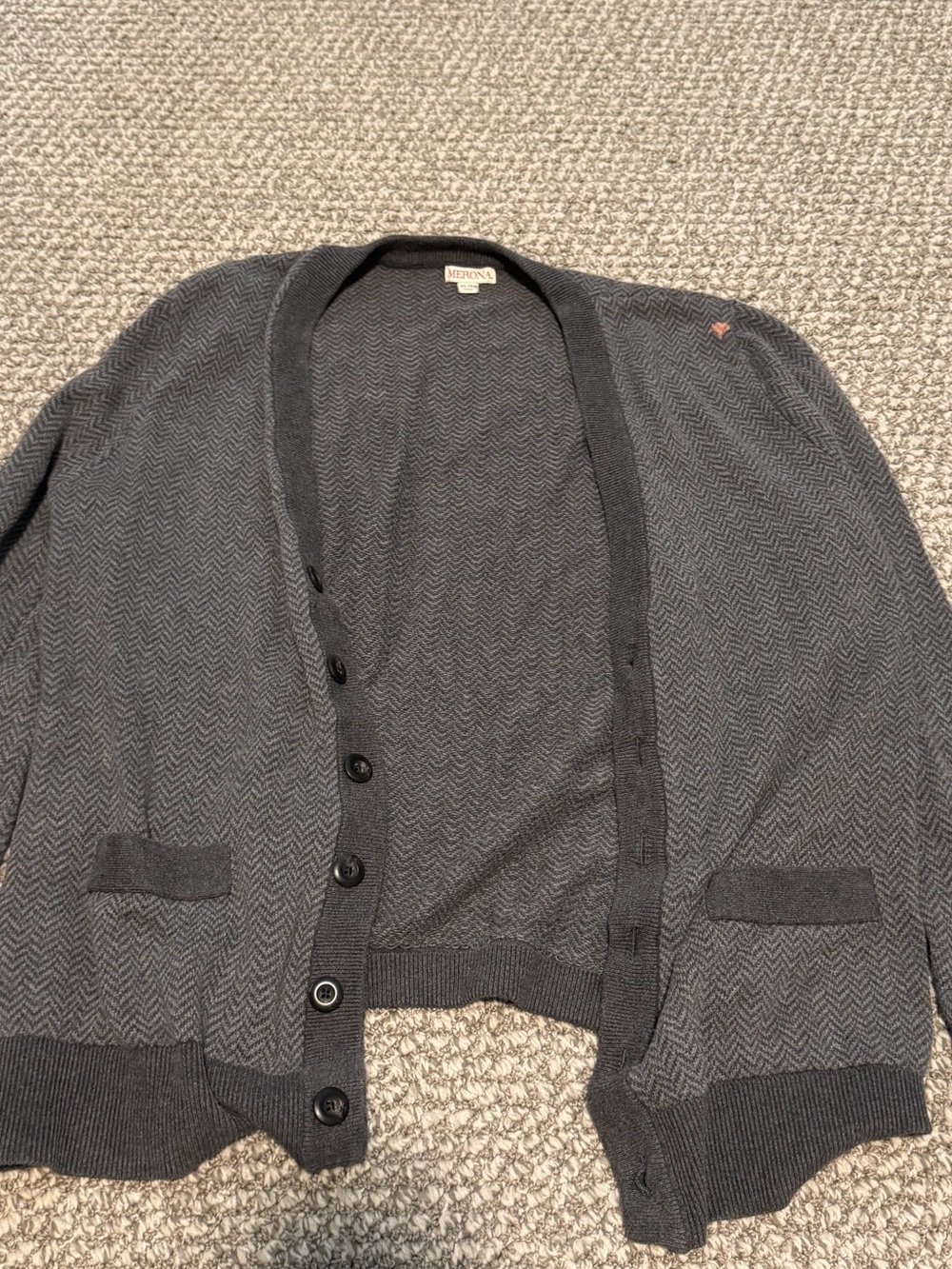 Men's Charcoal Herringbone Button Cardigan Sweater Merona  XL (flaws shown)
